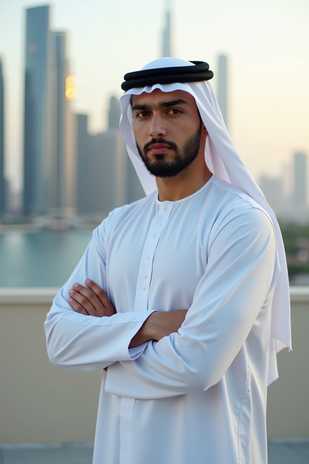 sharp and trendy man in Dubai wearing a modern, chic abaya/thobe, skyscrapers of Dubai in the background