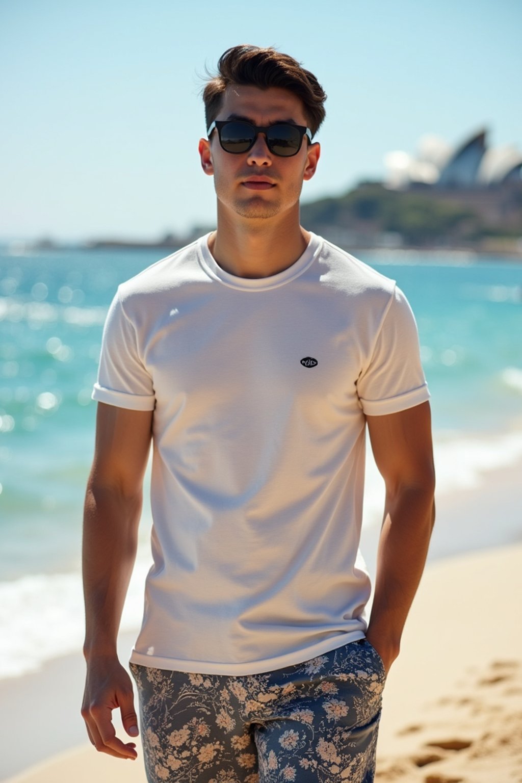 sharp and trendy man in Sydney wearing a summer dress/shorts and t-shirt, Bondi Beach in the background