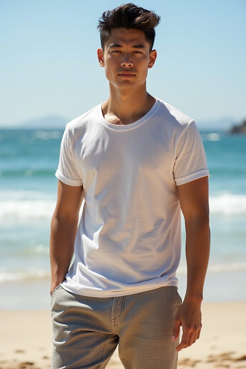 sharp and trendy man in Sydney wearing a summer dress/shorts and t-shirt, Bondi Beach in the background