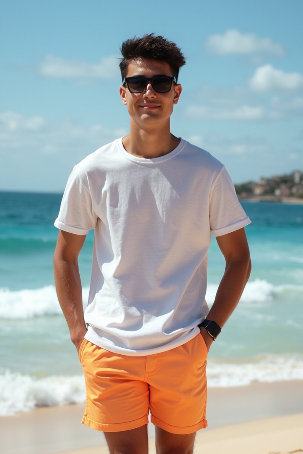 sharp and trendy man in Sydney wearing a summer dress/shorts and t-shirt, Bondi Beach in the background