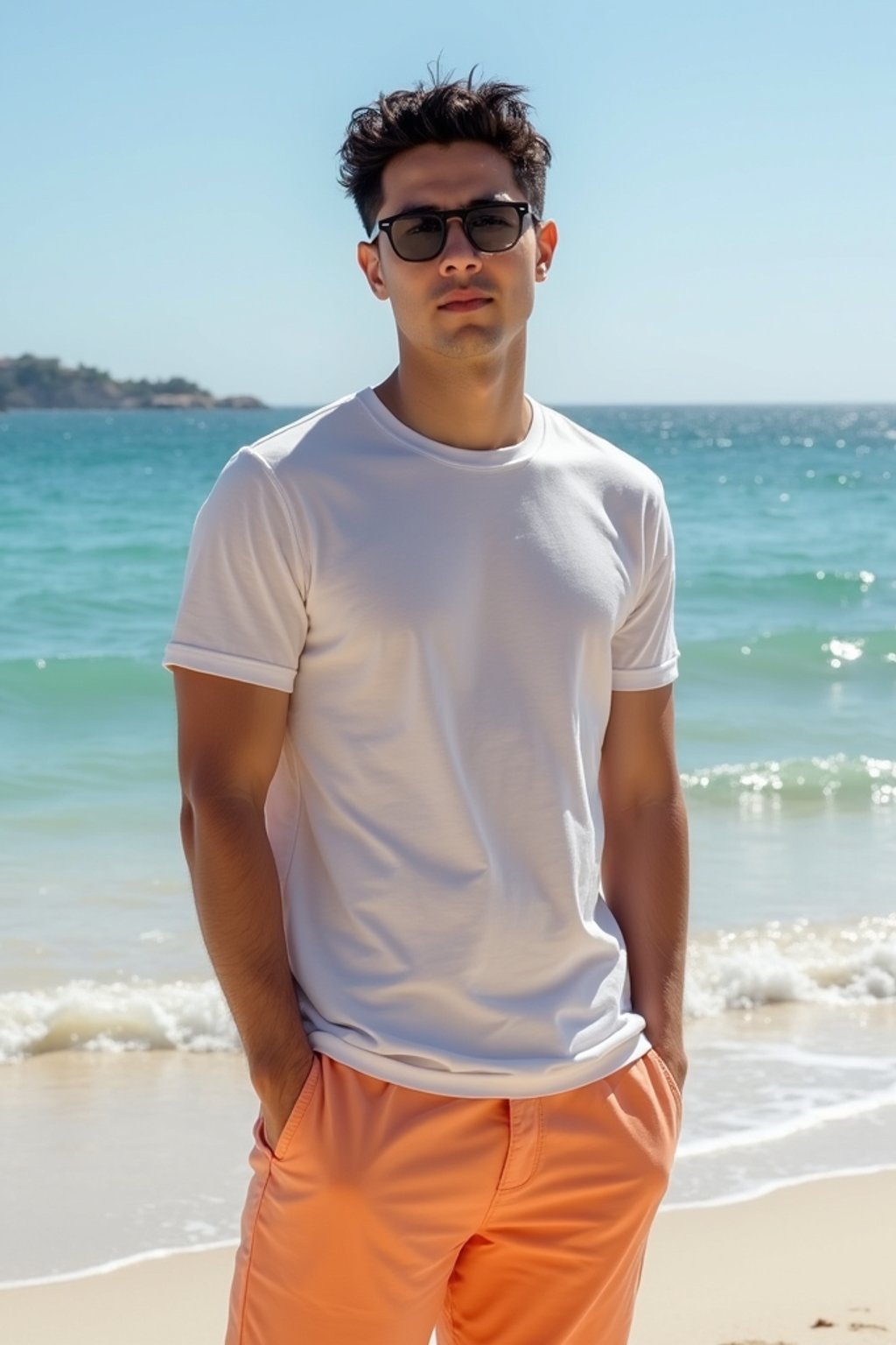 sharp and trendy man in Sydney wearing a summer dress/shorts and t-shirt, Bondi Beach in the background