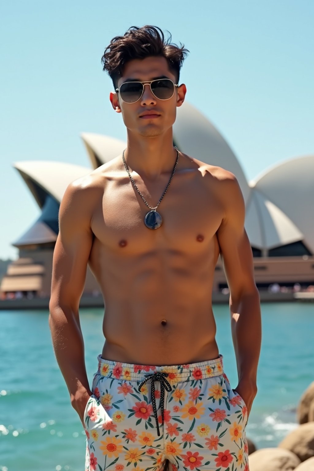 sharp and trendy man in Sydney wearing a surf-inspired outfit, Sydney Opera House in the background