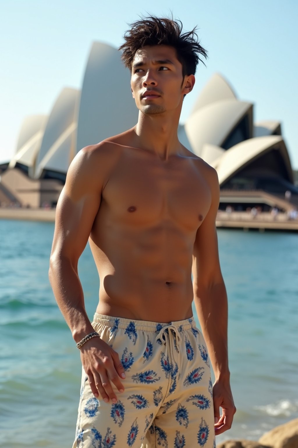 sharp and trendy man in Sydney wearing a surf-inspired outfit, Sydney Opera House in the background