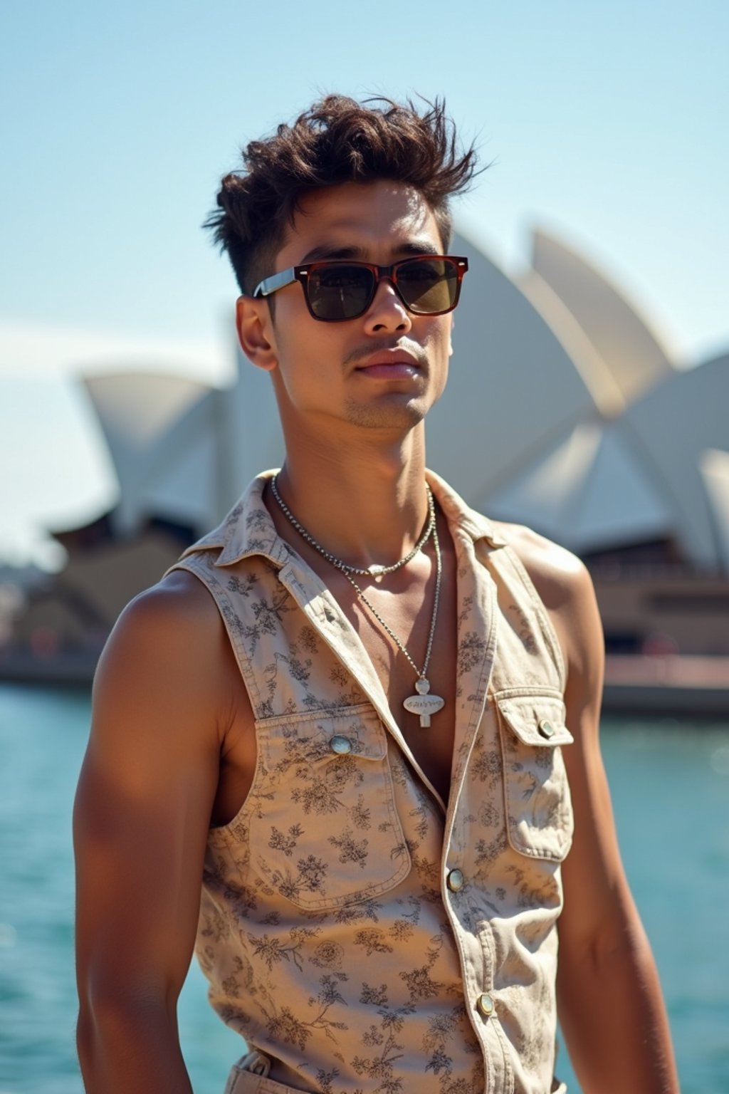 sharp and trendy man in Sydney wearing a surf-inspired outfit, Sydney Opera House in the background