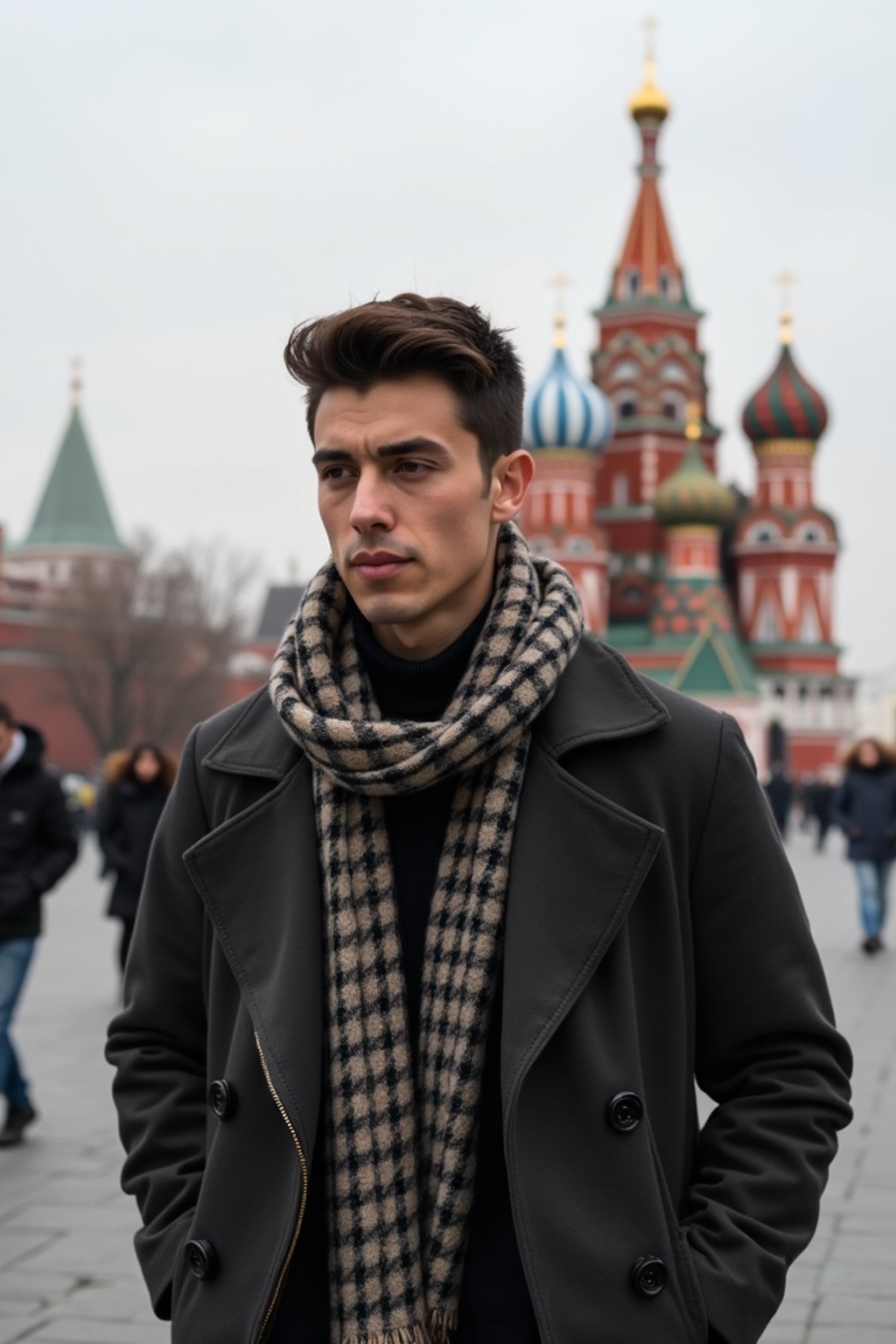 sharp and trendy man in Moscow wearing a stylish coat and scarf, Saint Basil's Cathedral in the background