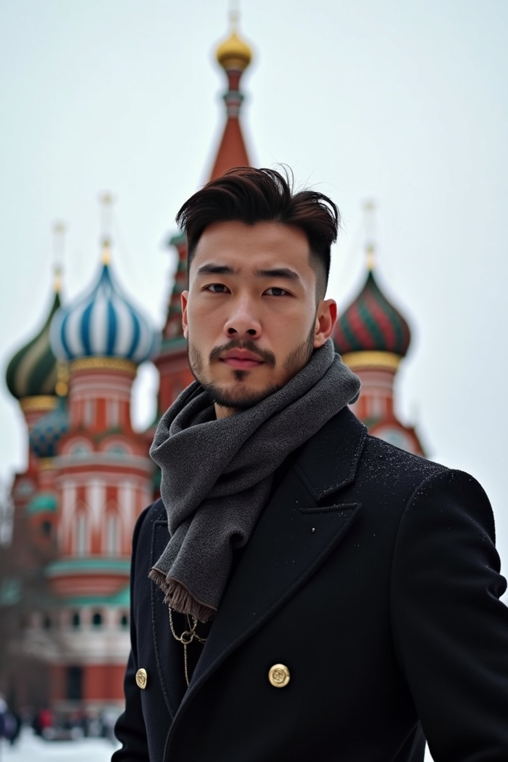 sharp and trendy man in Moscow wearing a stylish coat and scarf, Saint Basil's Cathedral in the background