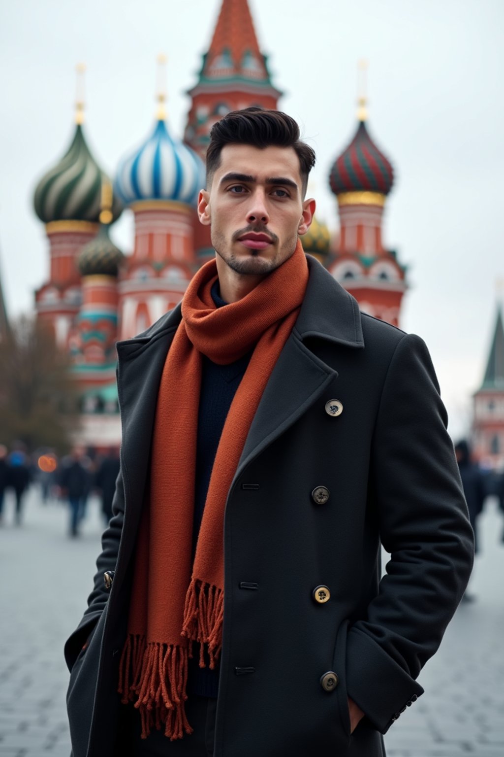 sharp and trendy man in Moscow wearing a stylish coat and scarf, Saint Basil's Cathedral in the background