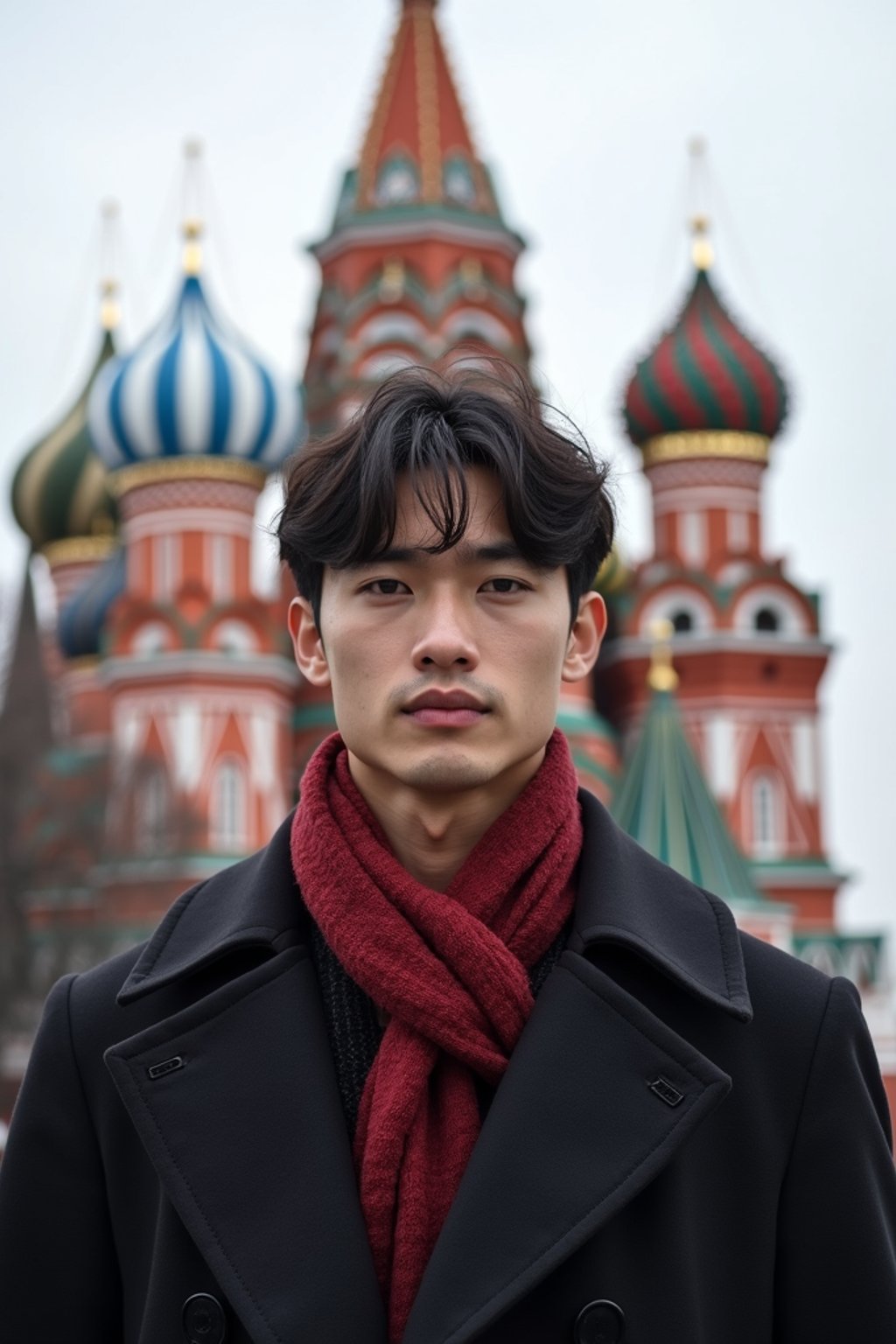 sharp and trendy man in Moscow wearing a stylish coat and scarf, Saint Basil's Cathedral in the background