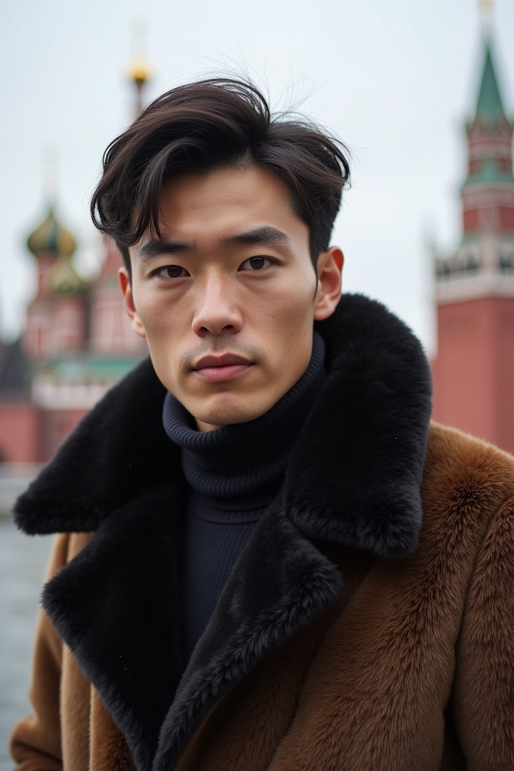 sharp and trendy man in Moscow wearing a faux fur coat, Kremlin in the background