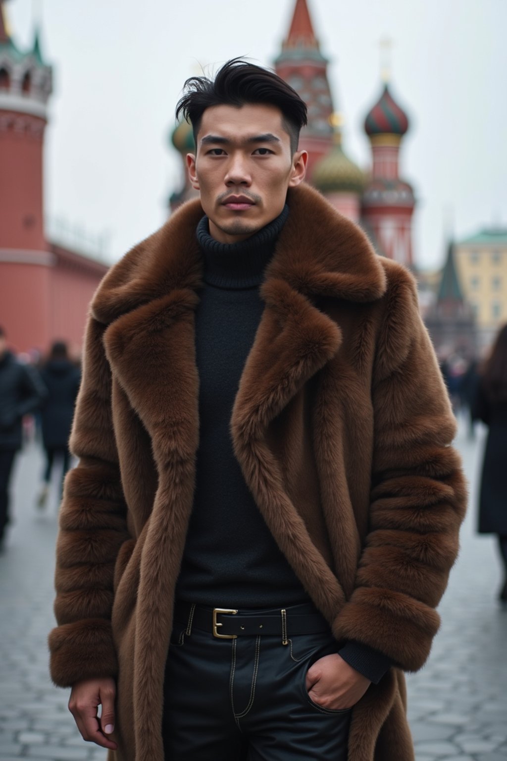 sharp and trendy man in Moscow wearing a faux fur coat, Kremlin in the background