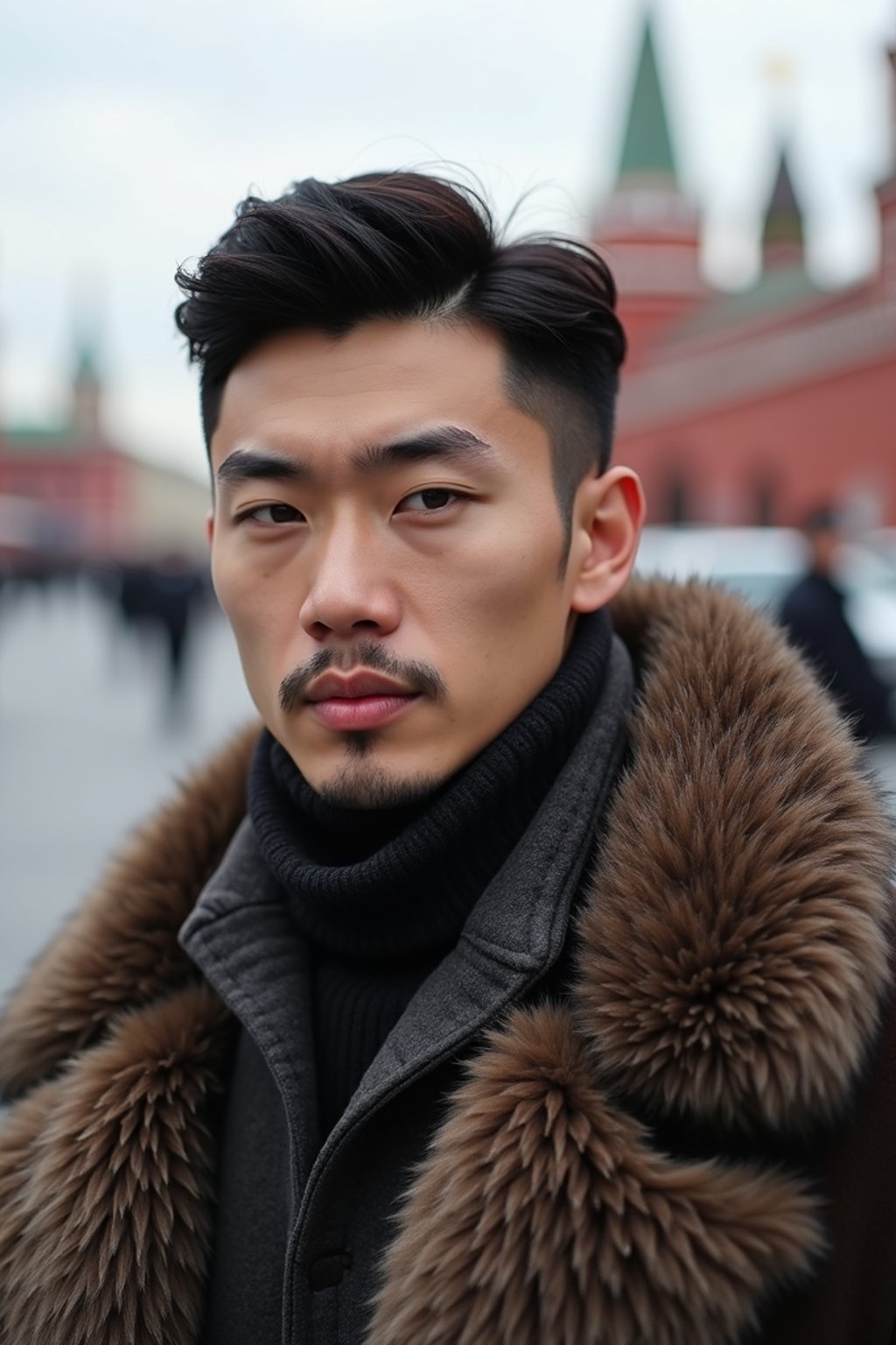 sharp and trendy man in Moscow wearing a faux fur coat, Kremlin in the background