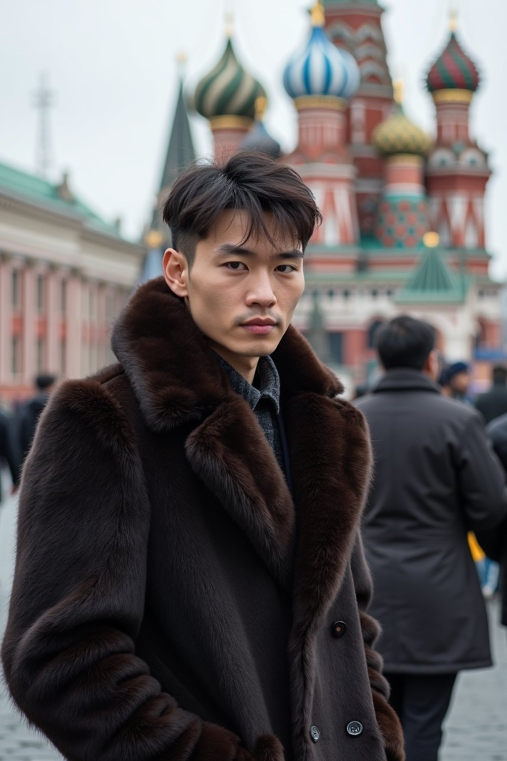 sharp and trendy man in Moscow wearing a faux fur coat, Kremlin in the background