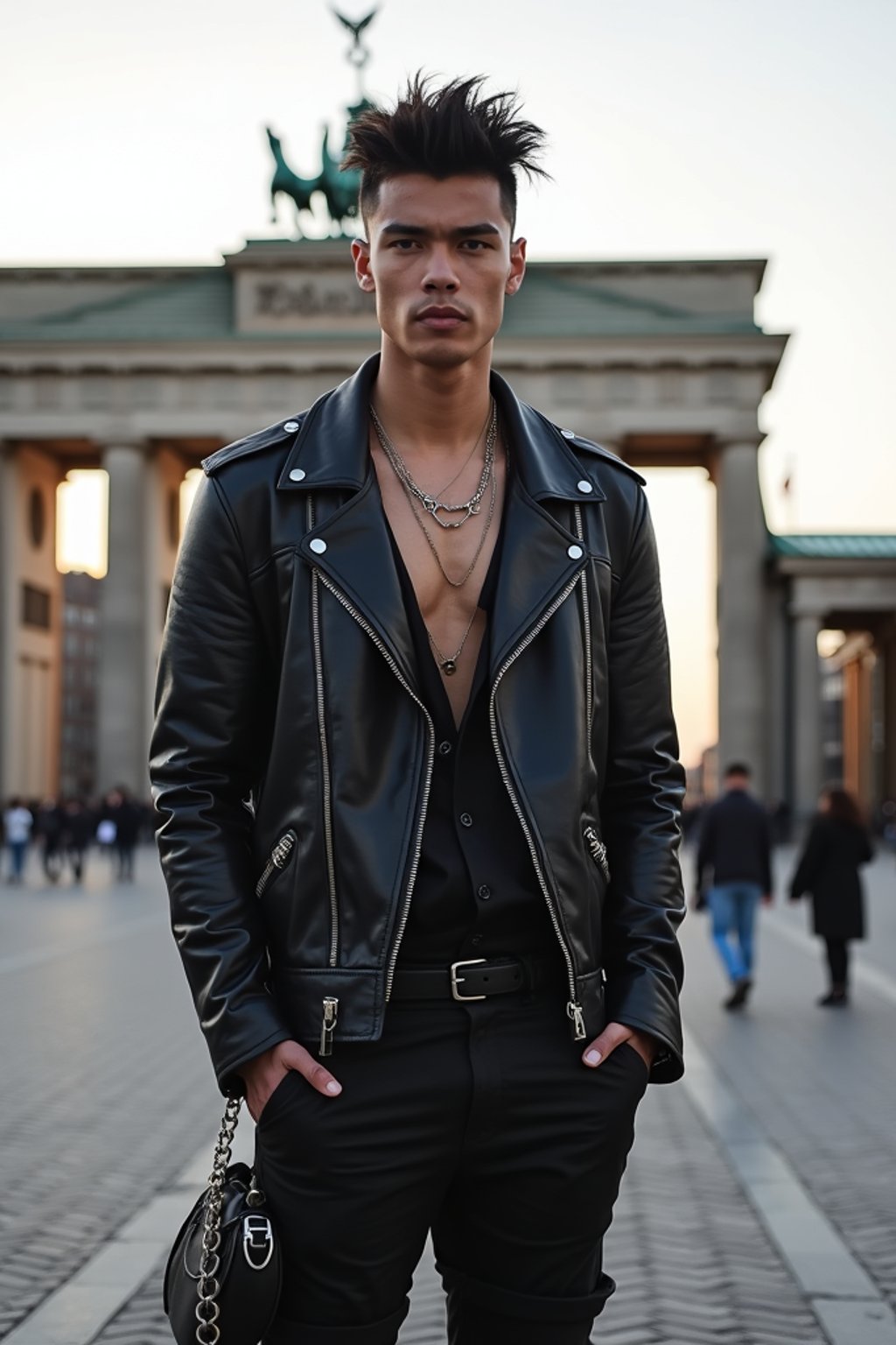 sharp and trendy man in Berlin wearing a punk-inspired outfit, Brandenburg Gate in the background