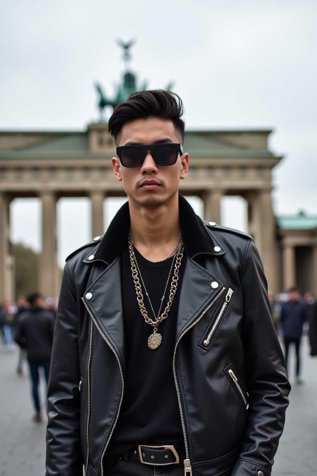 sharp and trendy man in Berlin wearing a punk-inspired outfit, Brandenburg Gate in the background