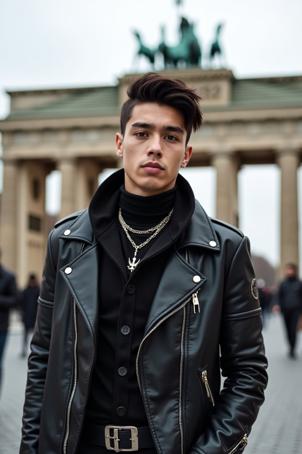 sharp and trendy man in Berlin wearing a punk-inspired outfit, Brandenburg Gate in the background