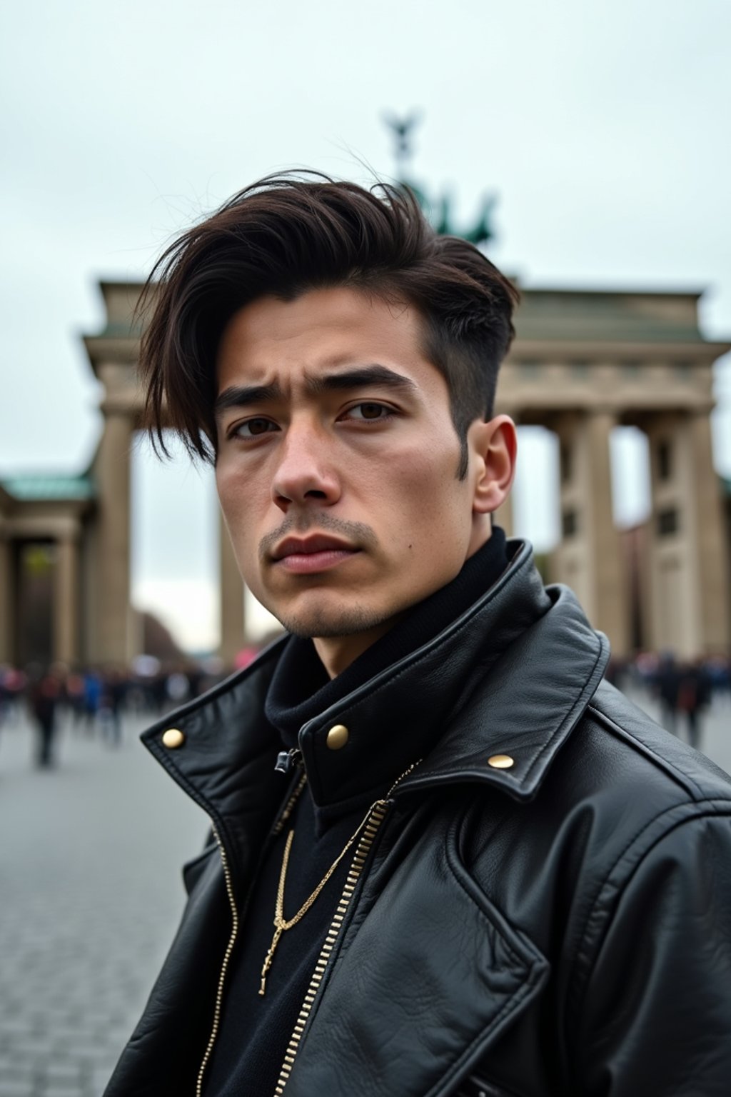 sharp and trendy man in Berlin wearing a punk-inspired outfit, Brandenburg Gate in the background