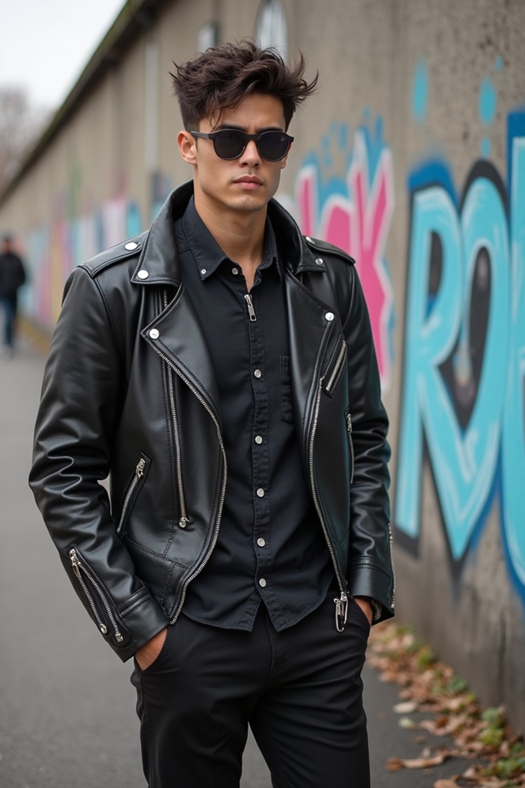 sharp and trendy man in Berlin wearing a grunge-inspired outfit, Berlin Wall in the background