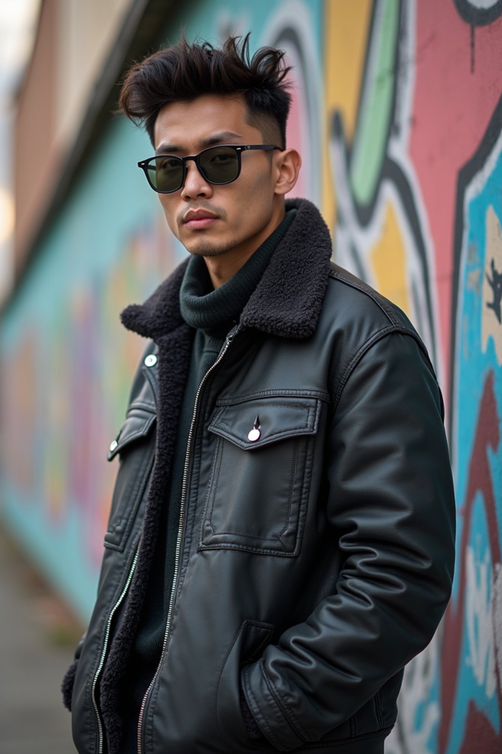 sharp and trendy man in Berlin wearing a grunge-inspired outfit, Berlin Wall in the background