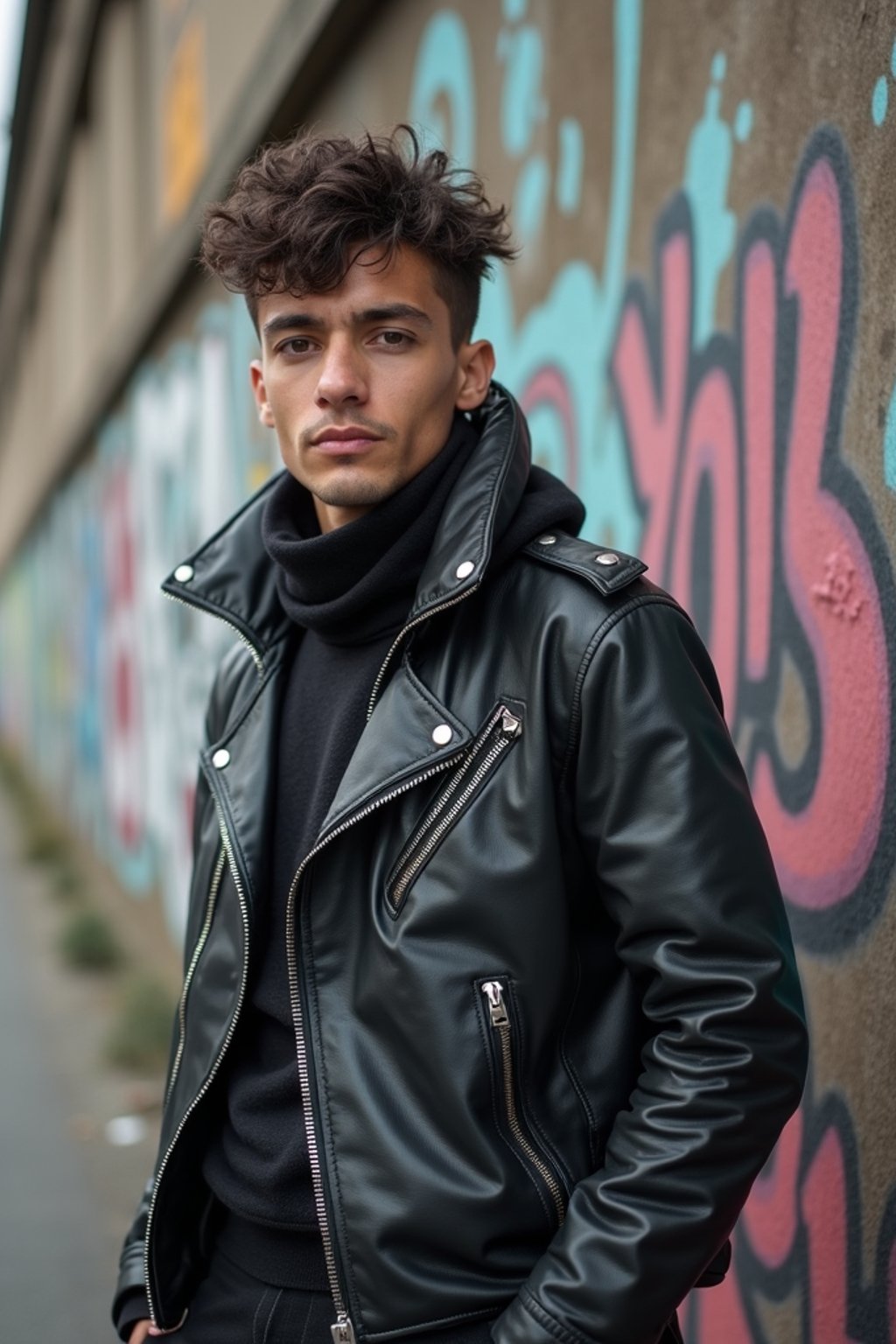 sharp and trendy man in Berlin wearing a grunge-inspired outfit, Berlin Wall in the background