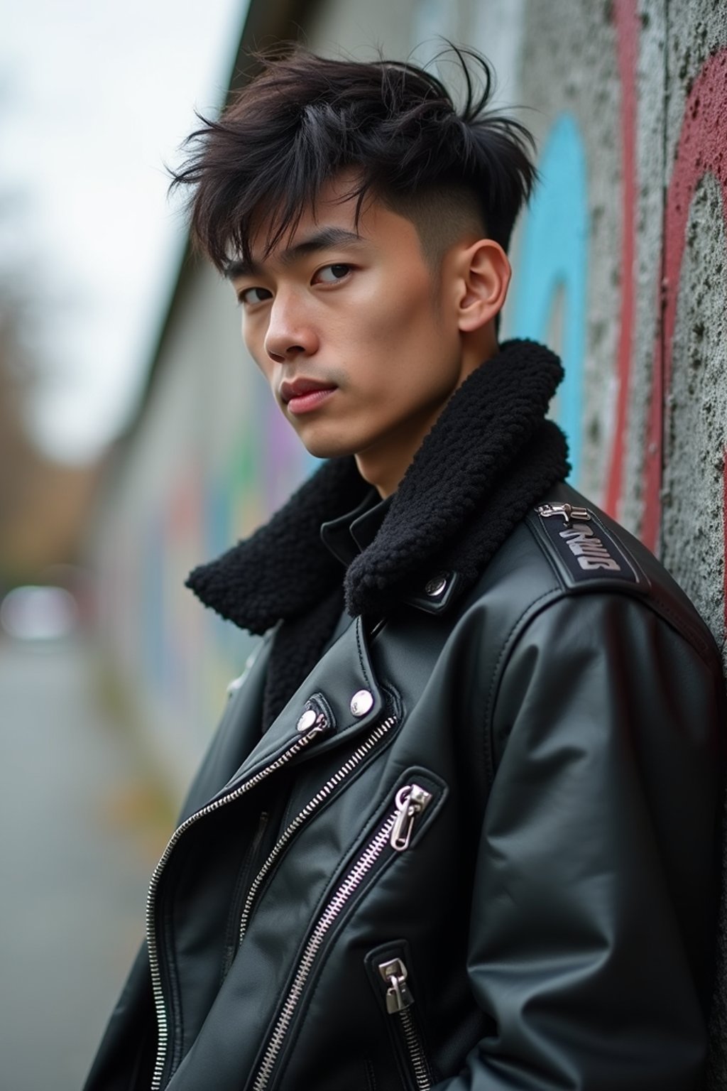 sharp and trendy man in Berlin wearing a grunge-inspired outfit, Berlin Wall in the background