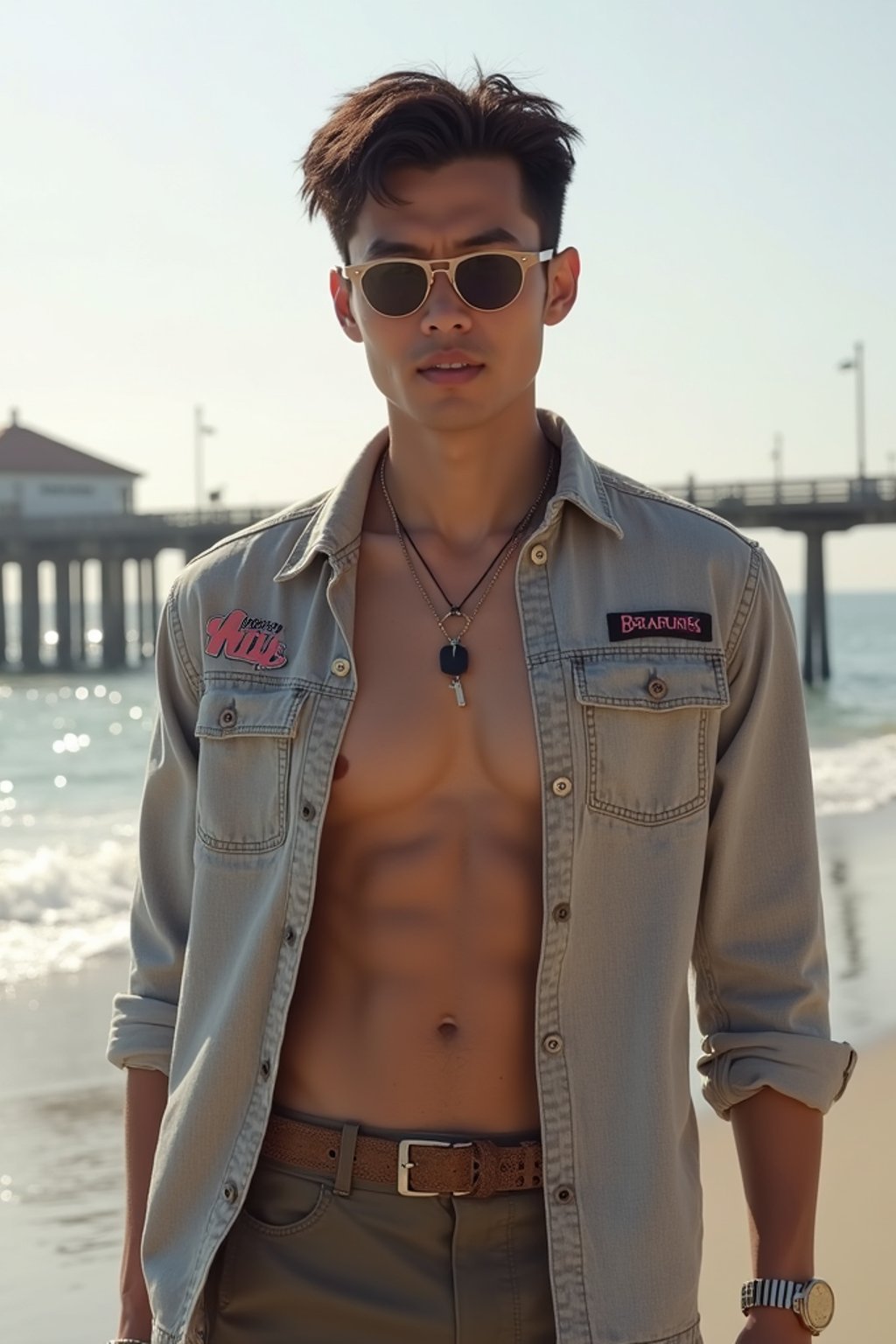 sharp and trendy man in Los Angeles wearing a trendy beach outfit, Santa Monica pier in the background