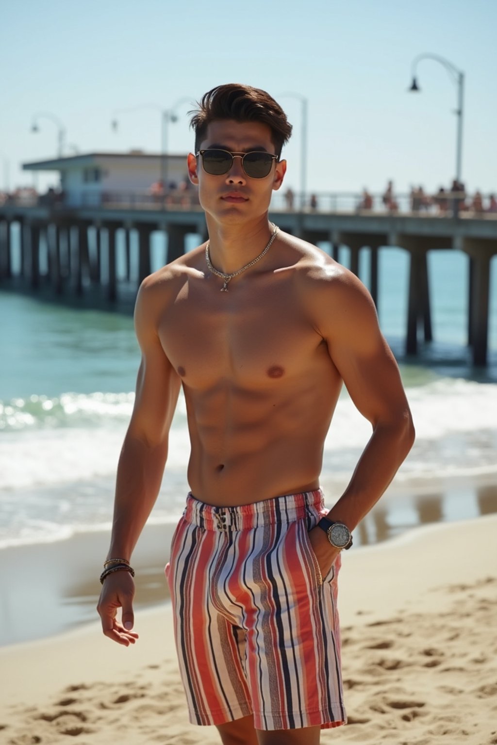 sharp and trendy man in Los Angeles wearing a trendy beach outfit, Santa Monica pier in the background