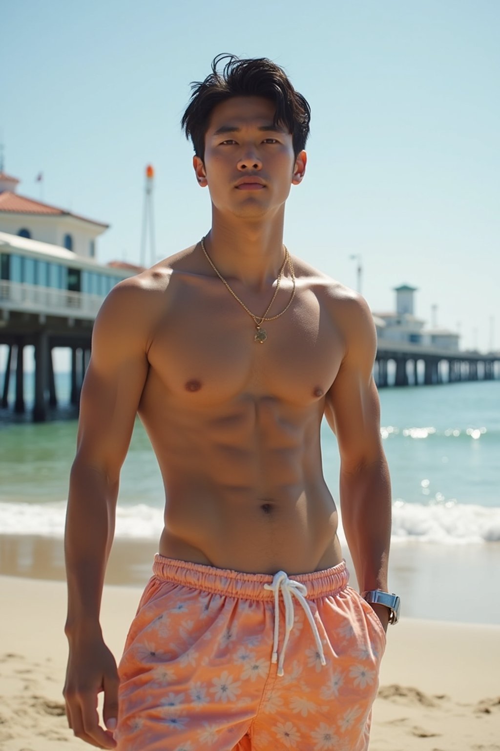 sharp and trendy man in Los Angeles wearing a trendy beach outfit, Santa Monica pier in the background