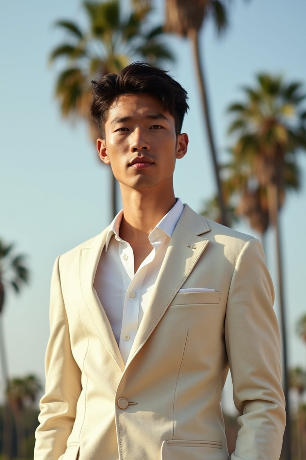 sharp and trendy man in Los Angeles wearing a summer dress/linen suit, palm trees in the background