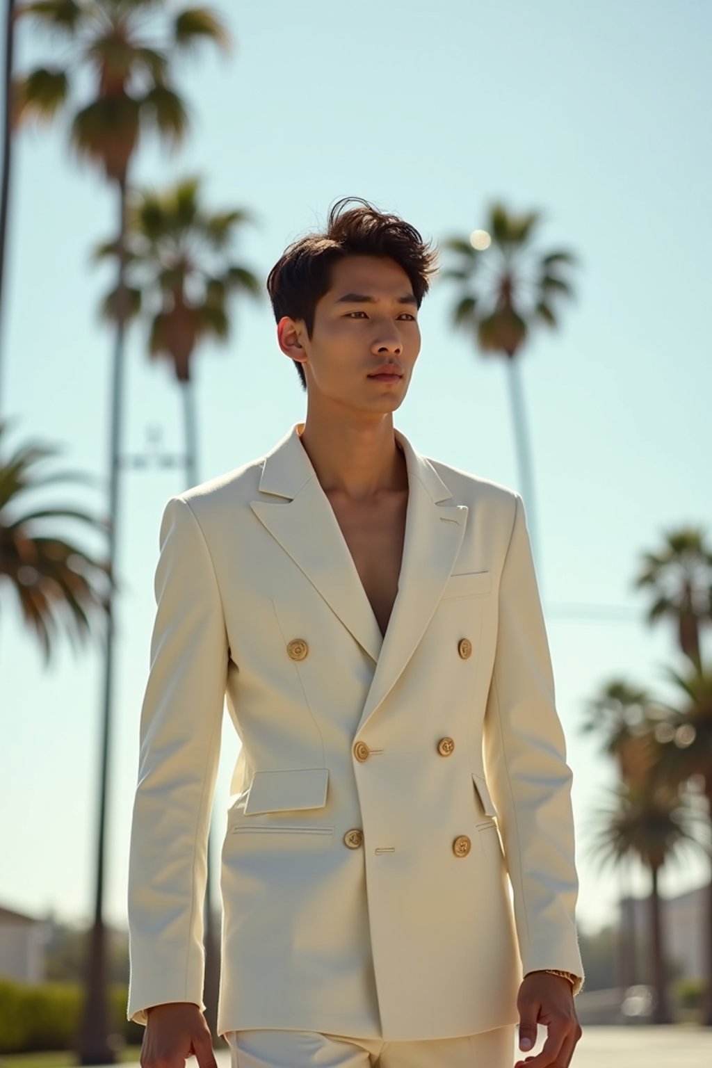 sharp and trendy man in Los Angeles wearing a summer dress/linen suit, palm trees in the background