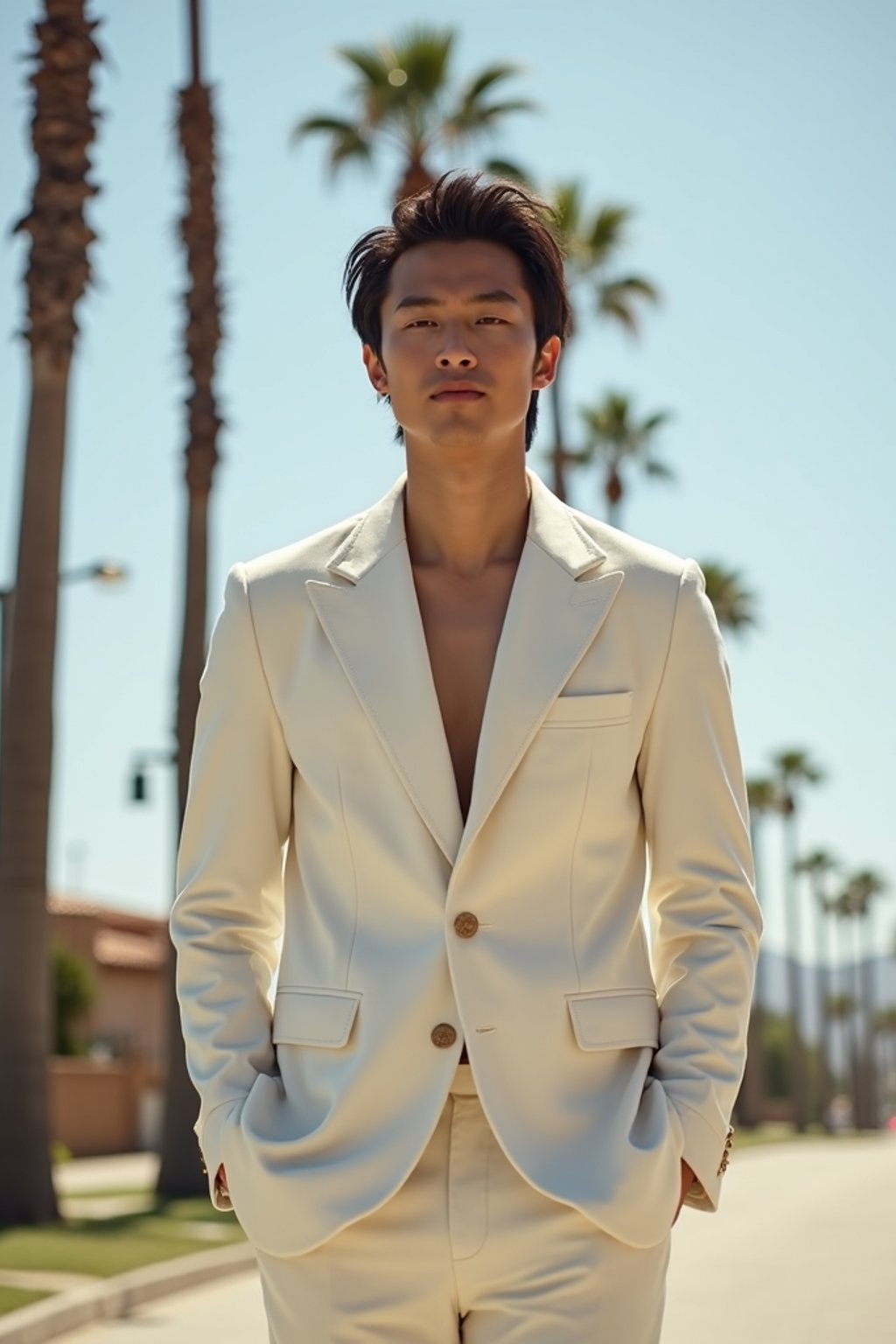 sharp and trendy man in Los Angeles wearing a summer dress/linen suit, palm trees in the background