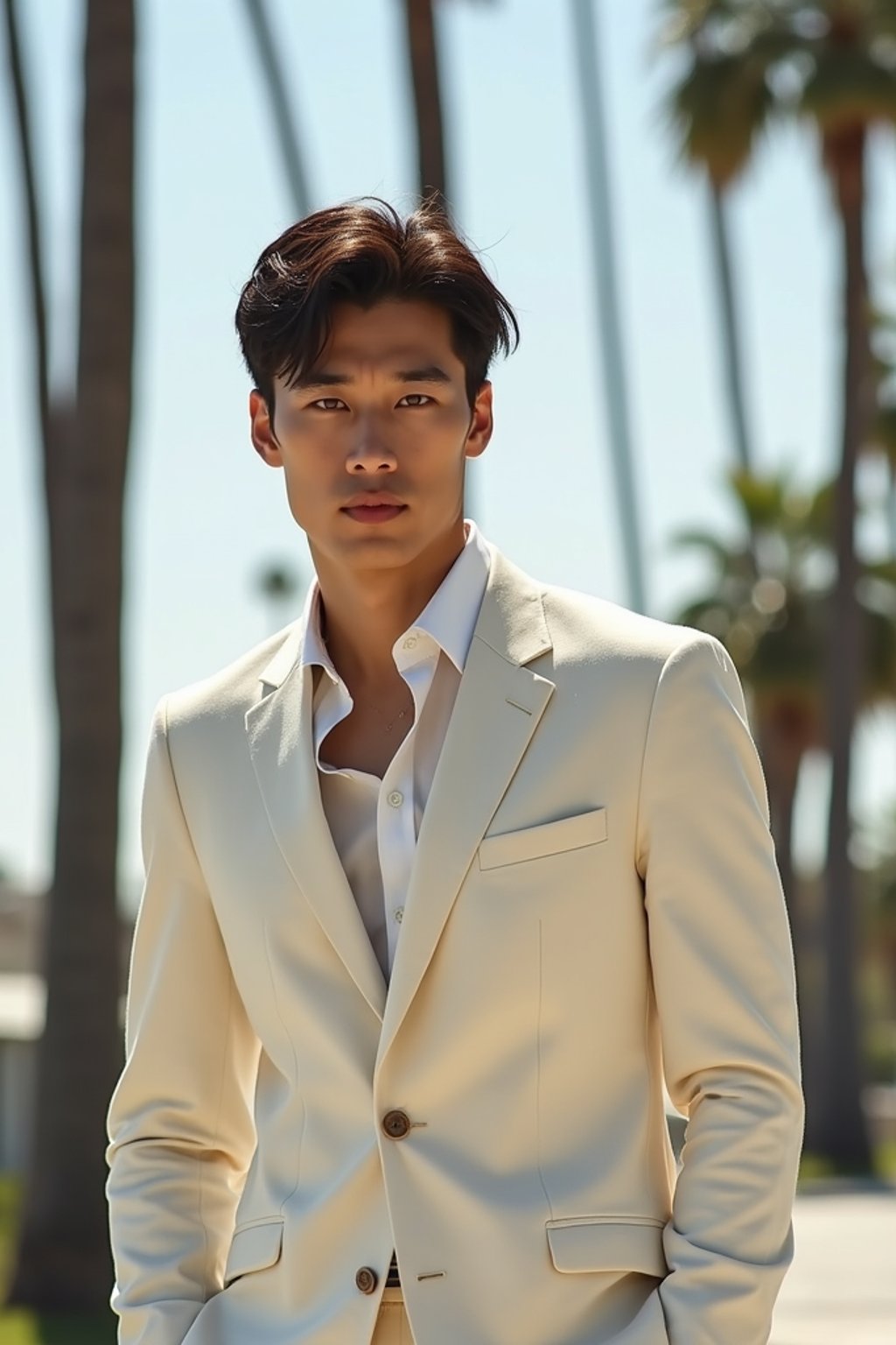 sharp and trendy man in Los Angeles wearing a summer dress/linen suit, palm trees in the background