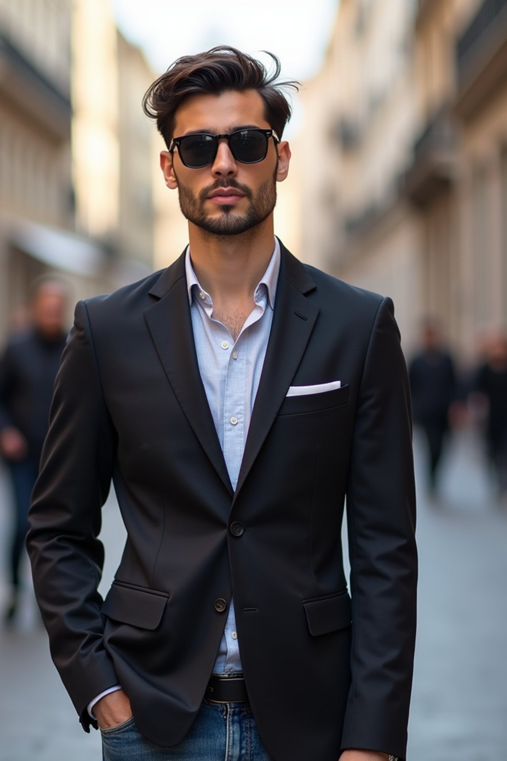 sharp and trendy man in Milan wearing a fashionable blazer and jeans, Duomo di Milano in the background