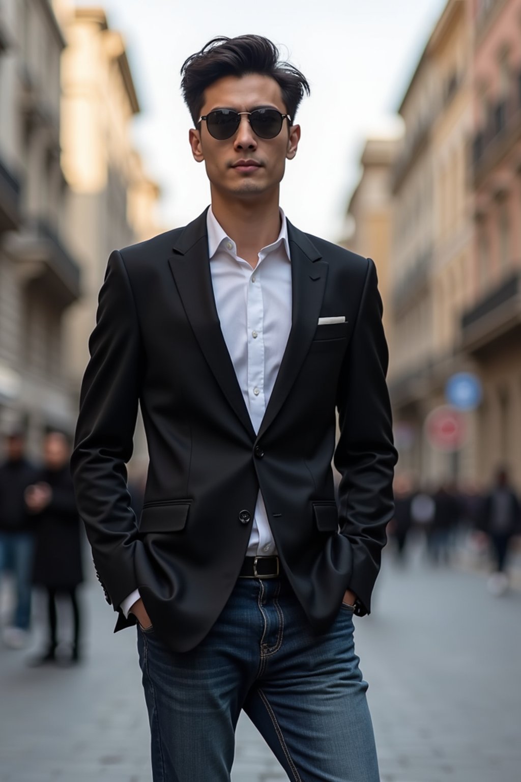 sharp and trendy man in Milan wearing a fashionable blazer and jeans, Duomo di Milano in the background