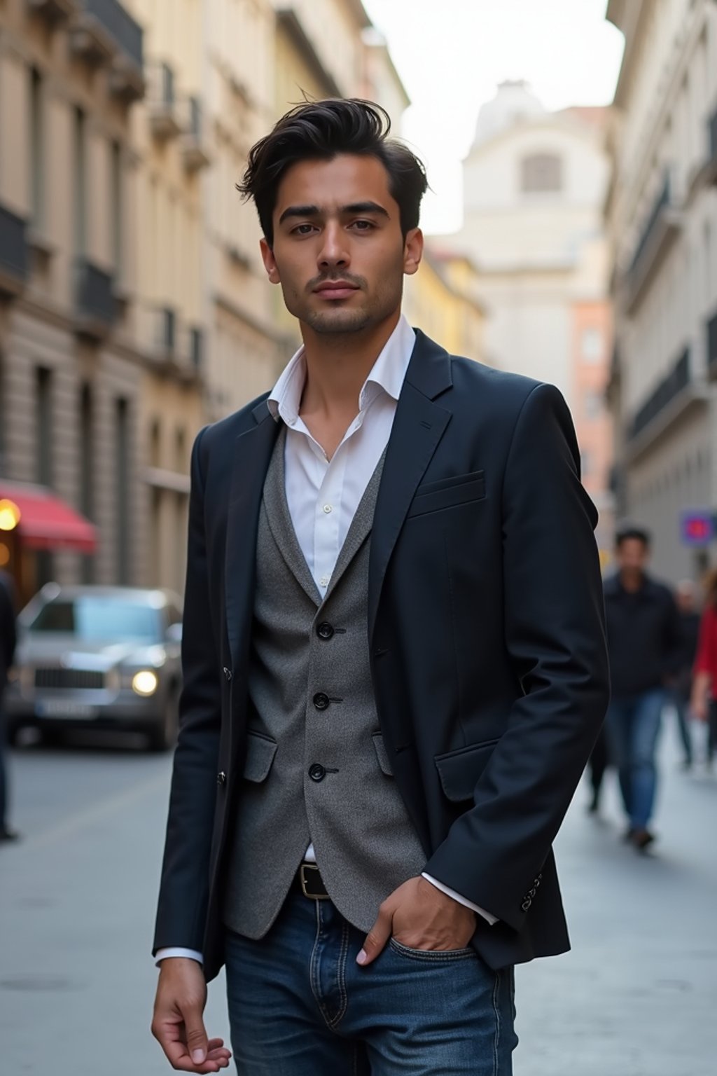 sharp and trendy man in Milan wearing a fashionable blazer and jeans, Duomo di Milano in the background