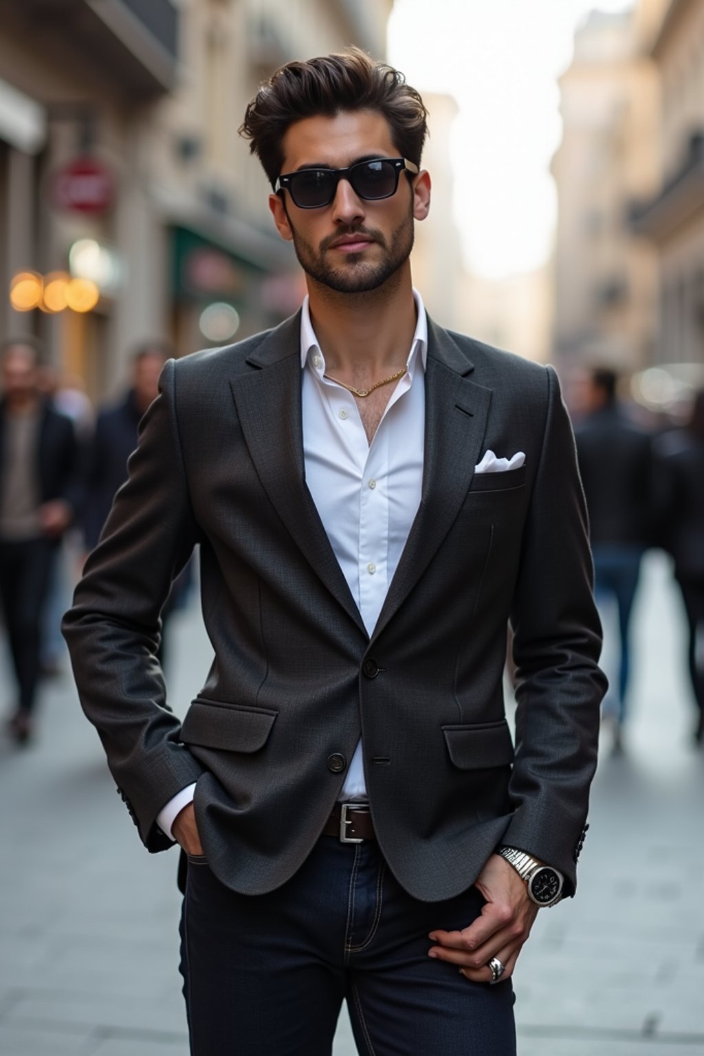 sharp and trendy man in Milan wearing a fashionable blazer and jeans, Duomo di Milano in the background