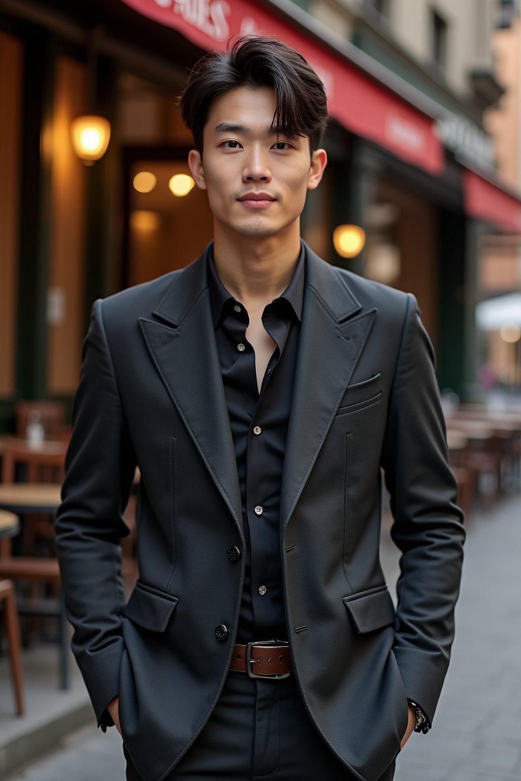 sharp and trendy man in Milan wearing high fashion attire in front of a classic Italian café