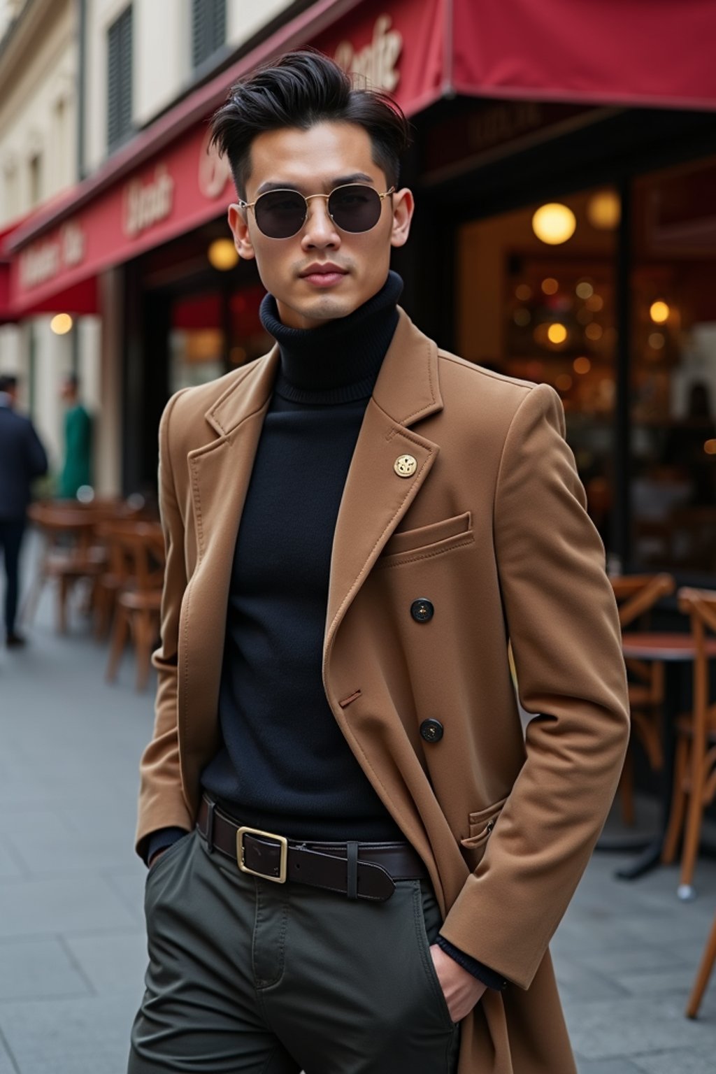 sharp and trendy man in Milan wearing high fashion attire in front of a classic Italian café