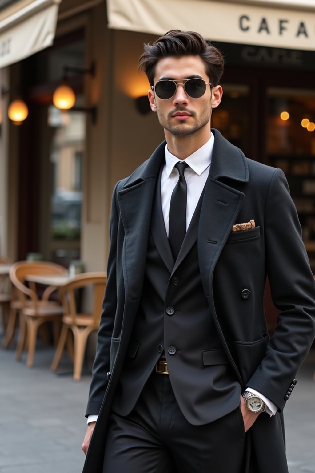 sharp and trendy man in Milan wearing high fashion attire in front of a classic Italian café