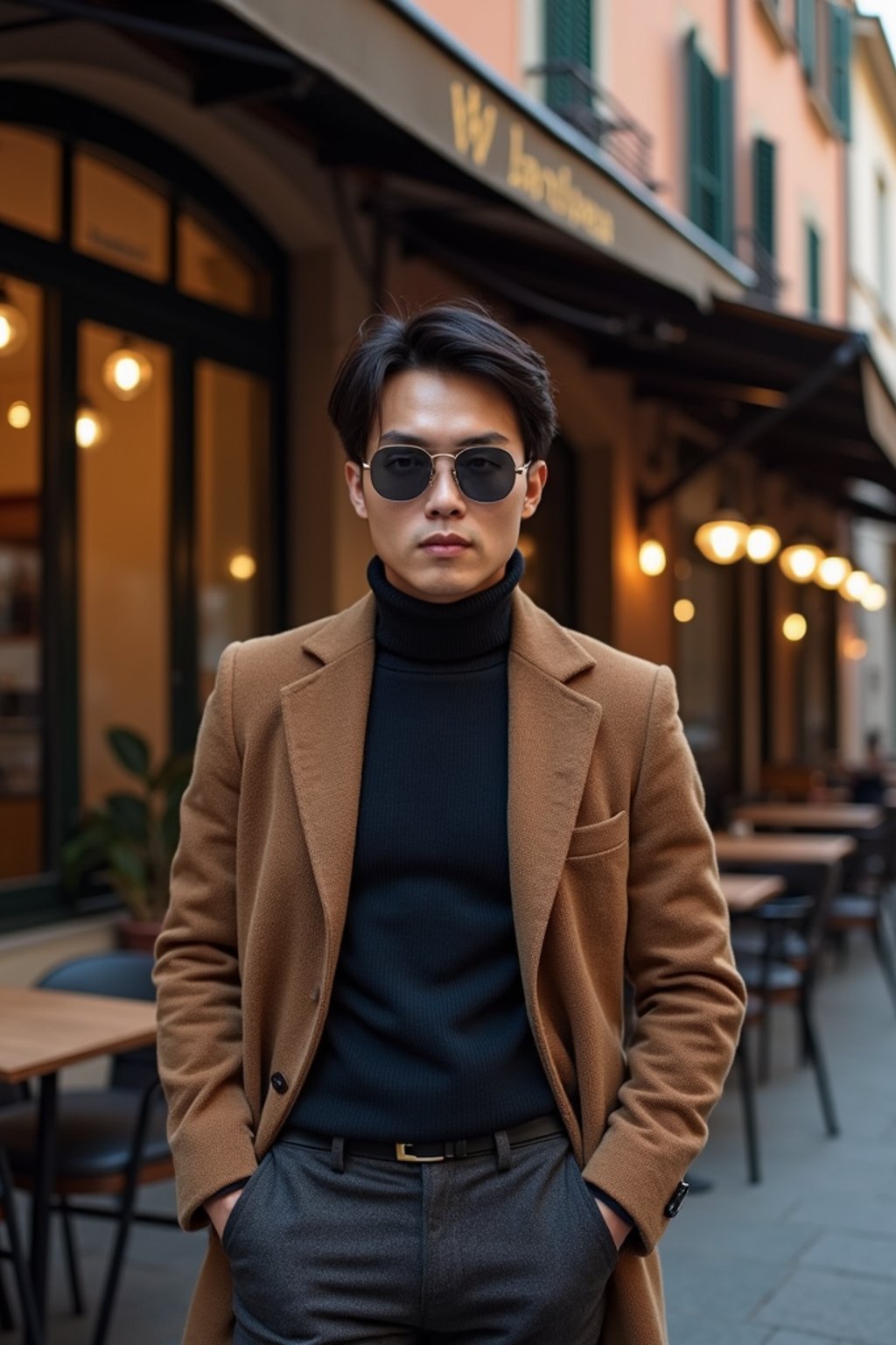 sharp and trendy man in Milan wearing high fashion attire in front of a classic Italian café