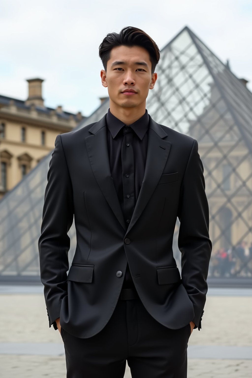 sharp and trendy man in Paris wearing a chic black dress/suit, Louvre pyramid in the background