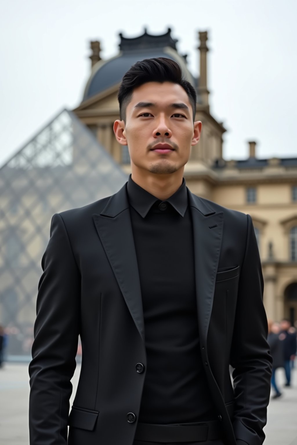 sharp and trendy man in Paris wearing a chic black dress/suit, Louvre pyramid in the background