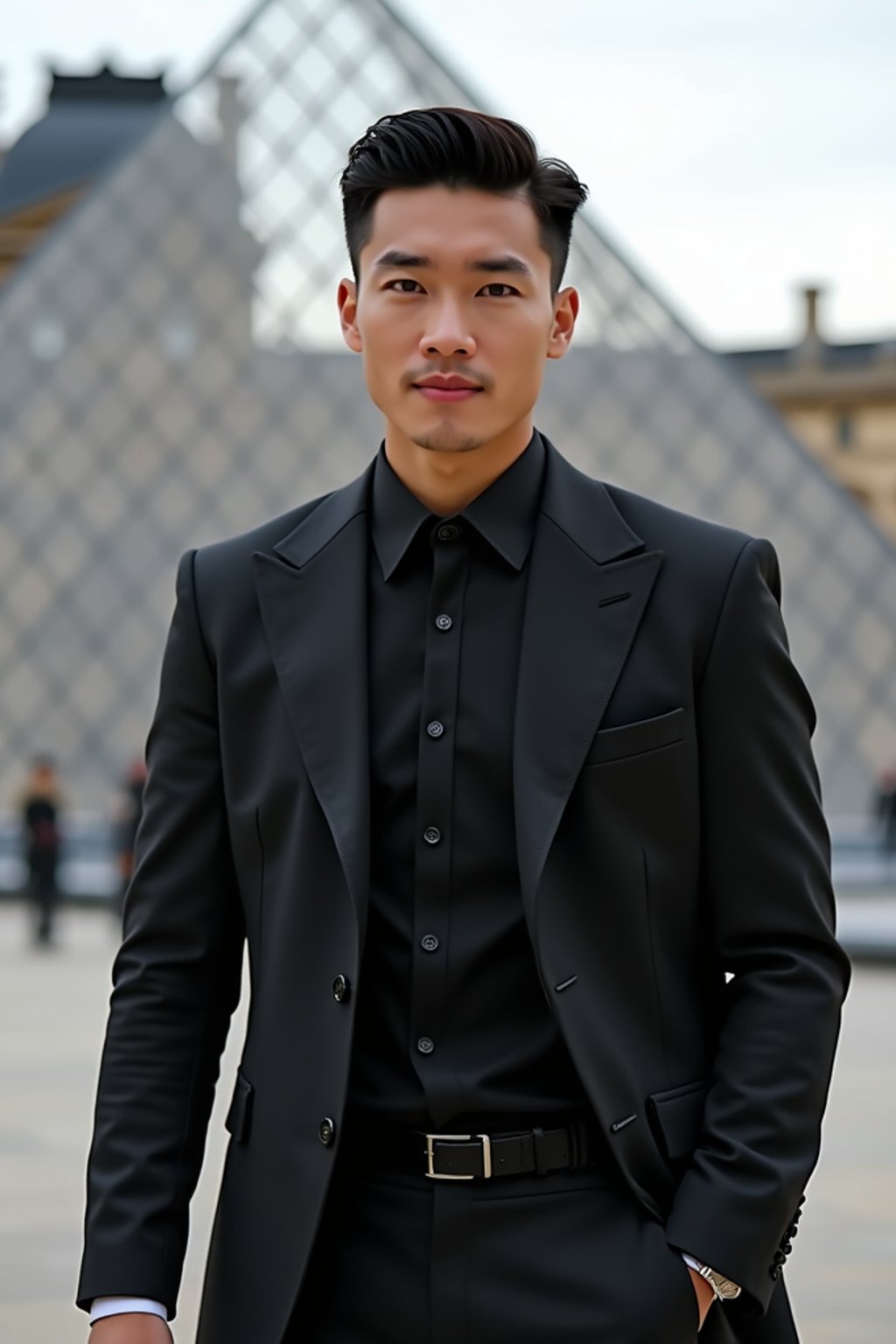 sharp and trendy man in Paris wearing a chic black dress/suit, Louvre pyramid in the background