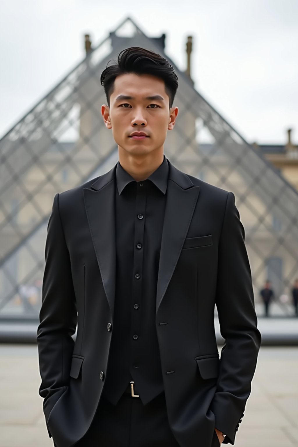 sharp and trendy man in Paris wearing a chic black dress/suit, Louvre pyramid in the background