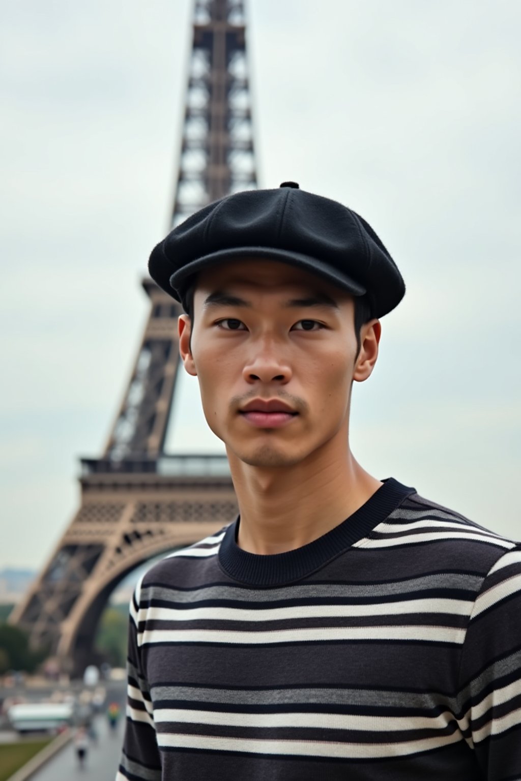 sharp and trendy man in Paris, wearing a beret and striped top, Eiffel Tower in the background