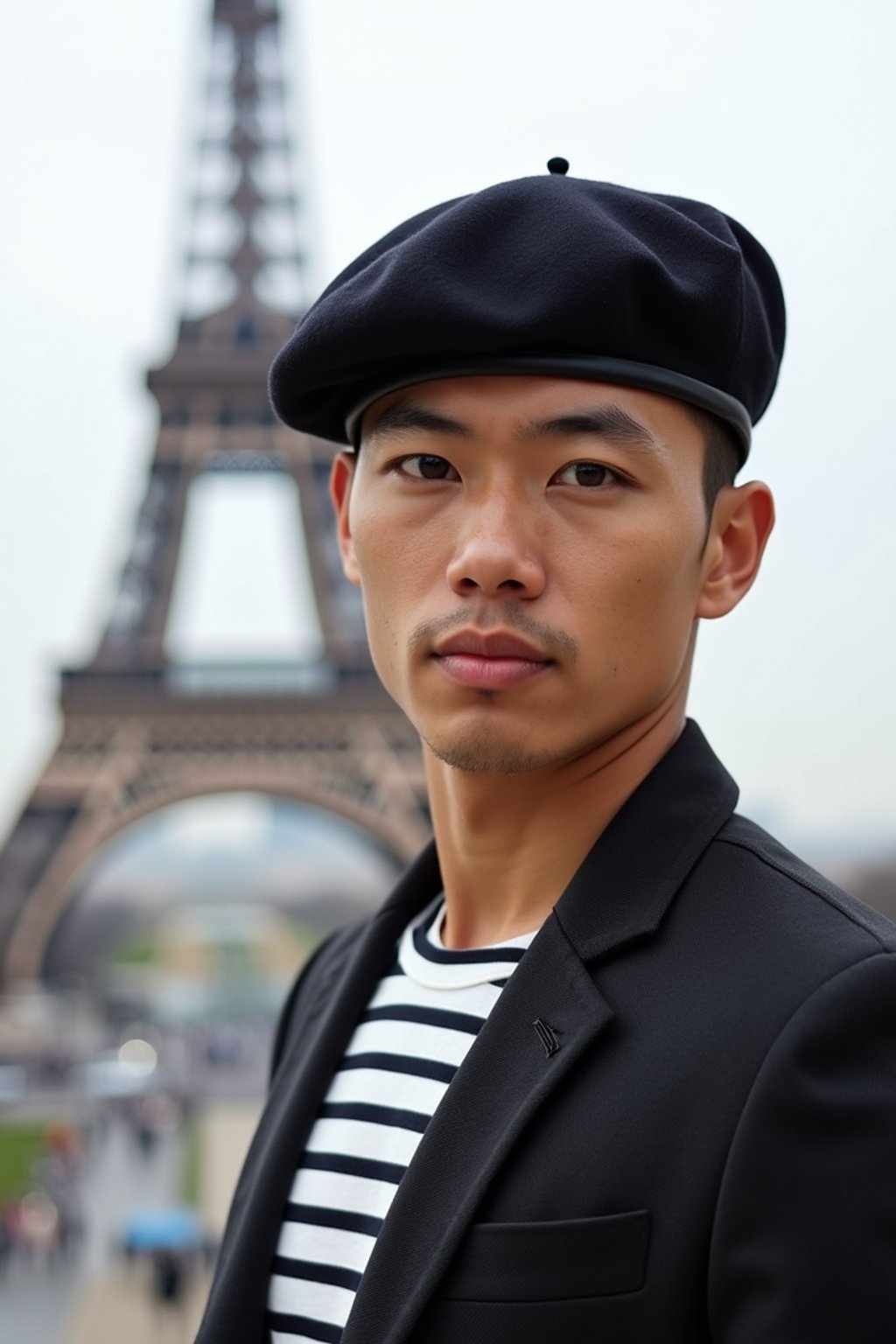 sharp and trendy man in Paris, wearing a beret and striped top, Eiffel Tower in the background