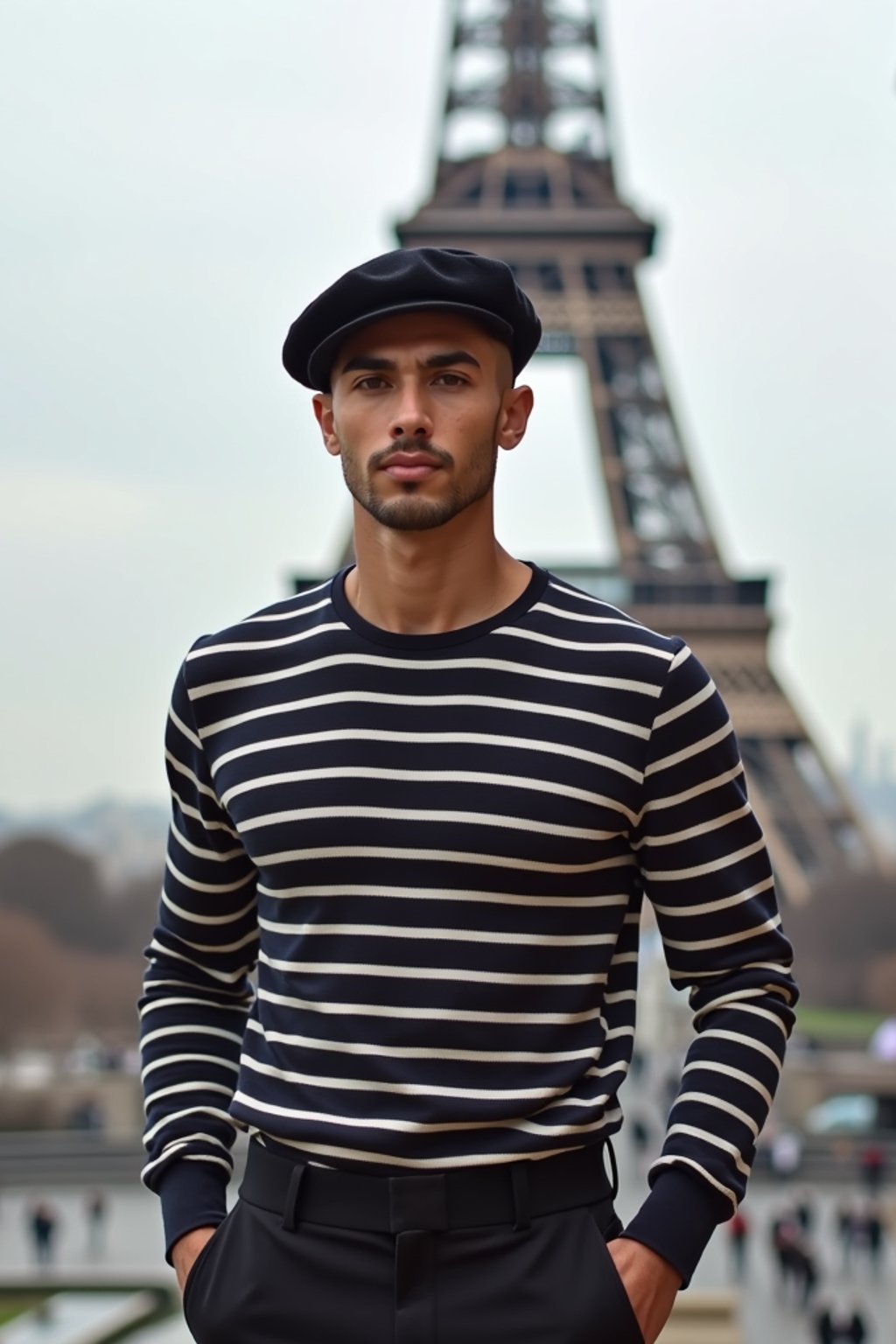 sharp and trendy man in Paris, wearing a beret and striped top, Eiffel Tower in the background