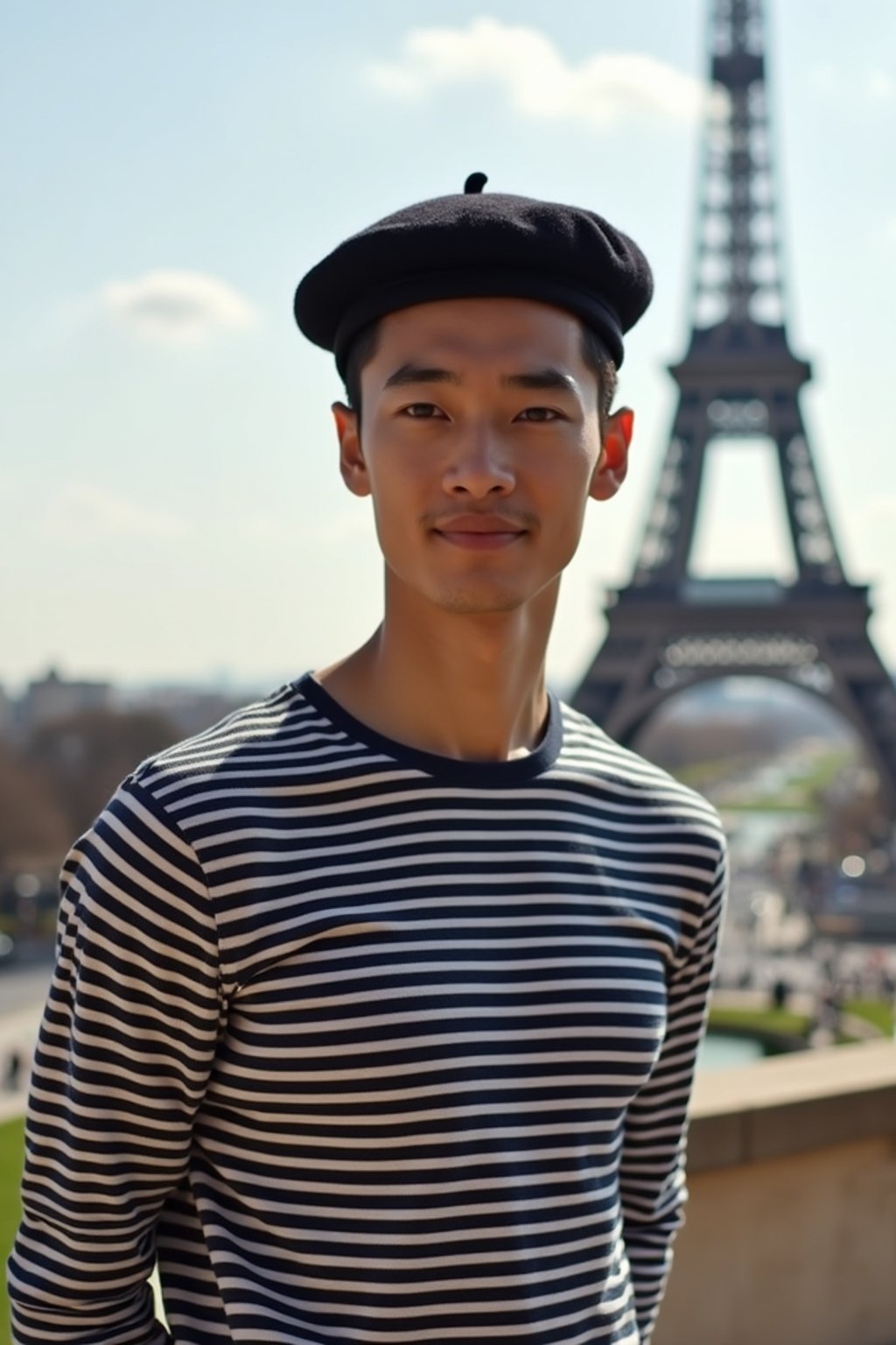 sharp and trendy man in Paris, wearing a beret and striped top, Eiffel Tower in the background