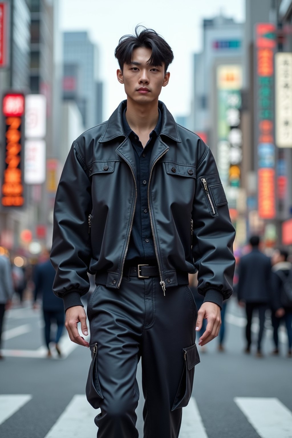 sharp and trendy man in Tokyo wearing a futuristic outfit, Shibuya crossing in the background