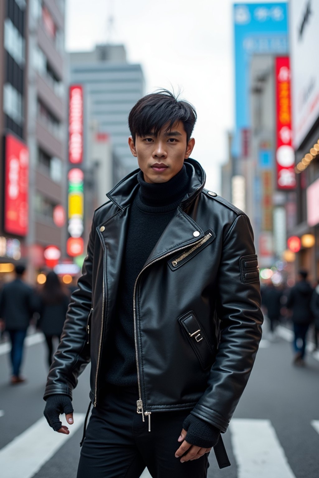 sharp and trendy man in Tokyo wearing a futuristic outfit, Shibuya crossing in the background