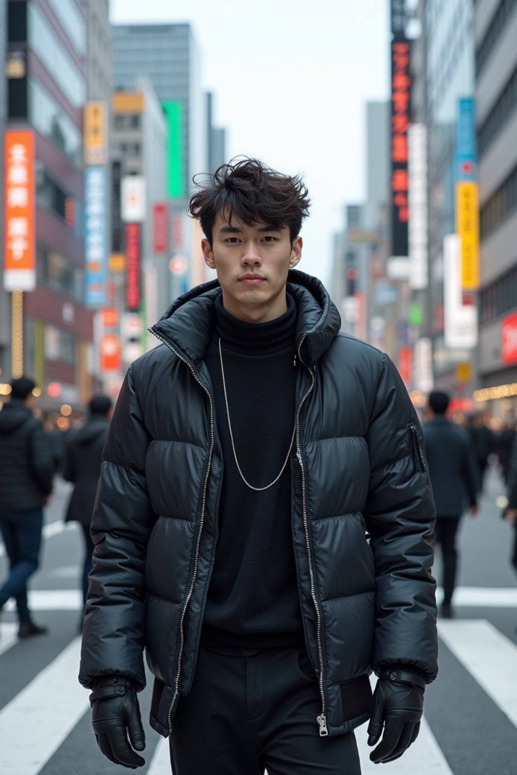 sharp and trendy man in Tokyo wearing a futuristic outfit, Shibuya crossing in the background